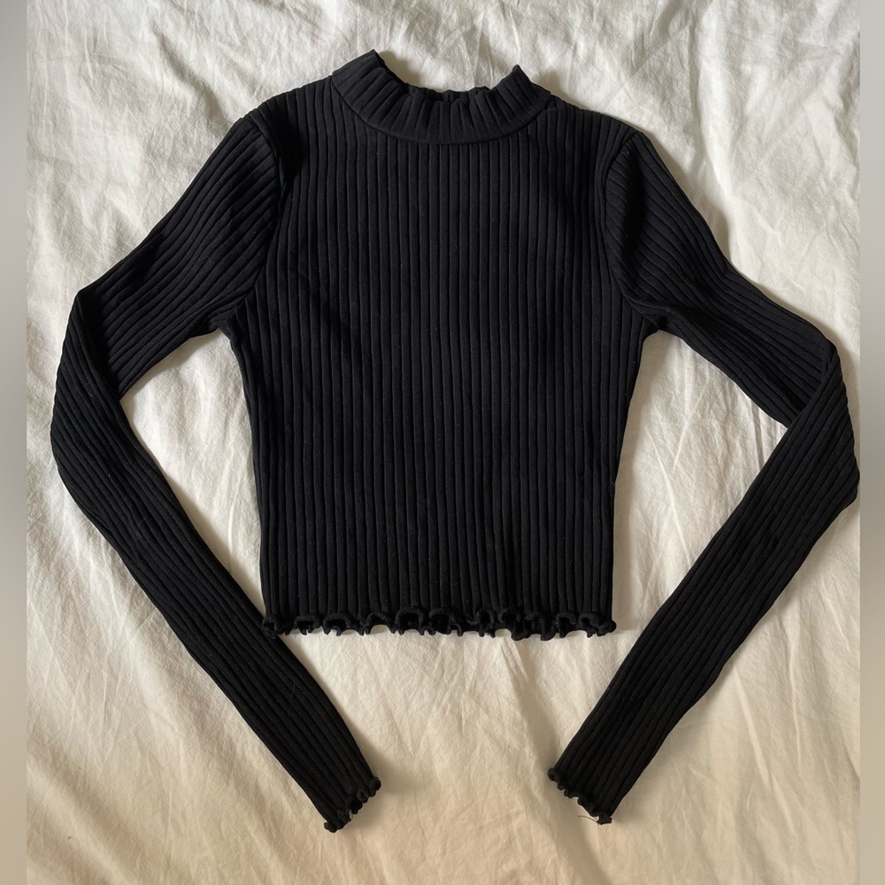 Miss Selfridge black mock neck crop top with lettuce edge